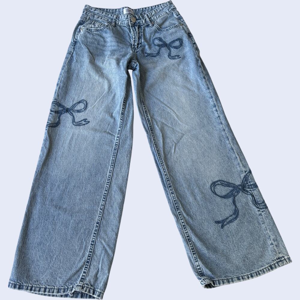 SIMPLE SOCIETY 00 Y2K Blue Jeans Bow Embroidery Wide Leg